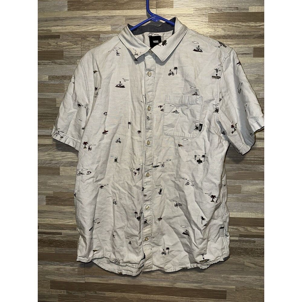 Vans Men L  Blue  Button Front Short  Sleeve Shirt Outdoor Beach Print Surfer #B